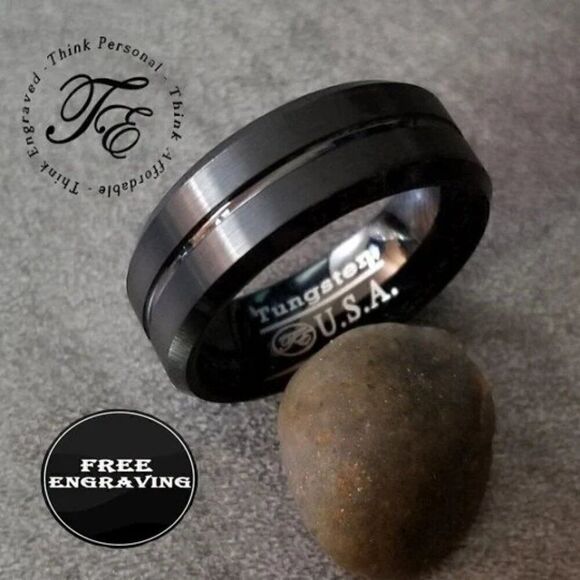 Personalized Engraved Men's Black Tungsten Wedding Ring Black Line Center Groove - Picture 1 of 7